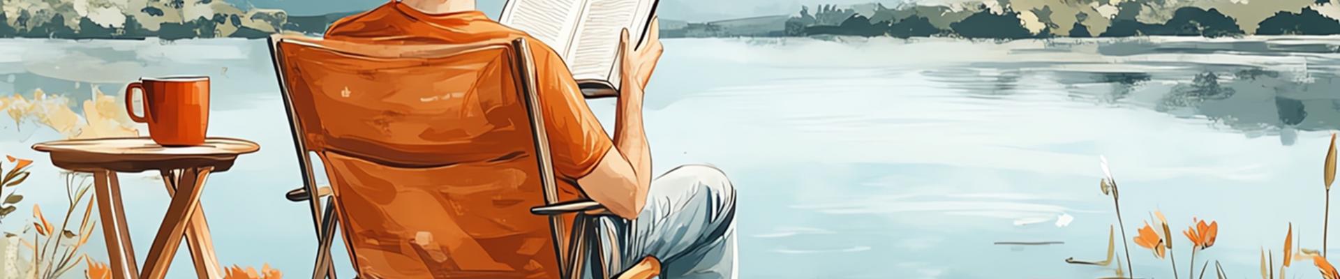 Hombre sentado tomando café y leyendo un libro frente a un lago
