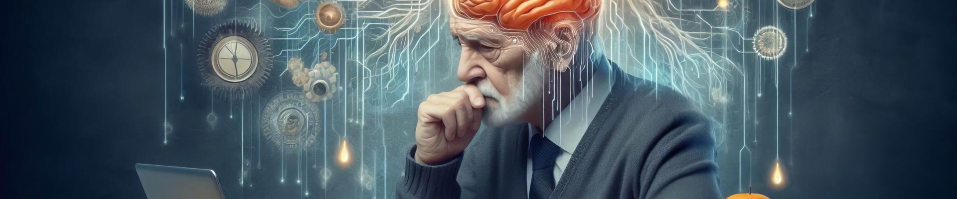 Señor mayor con ordenador pensativo